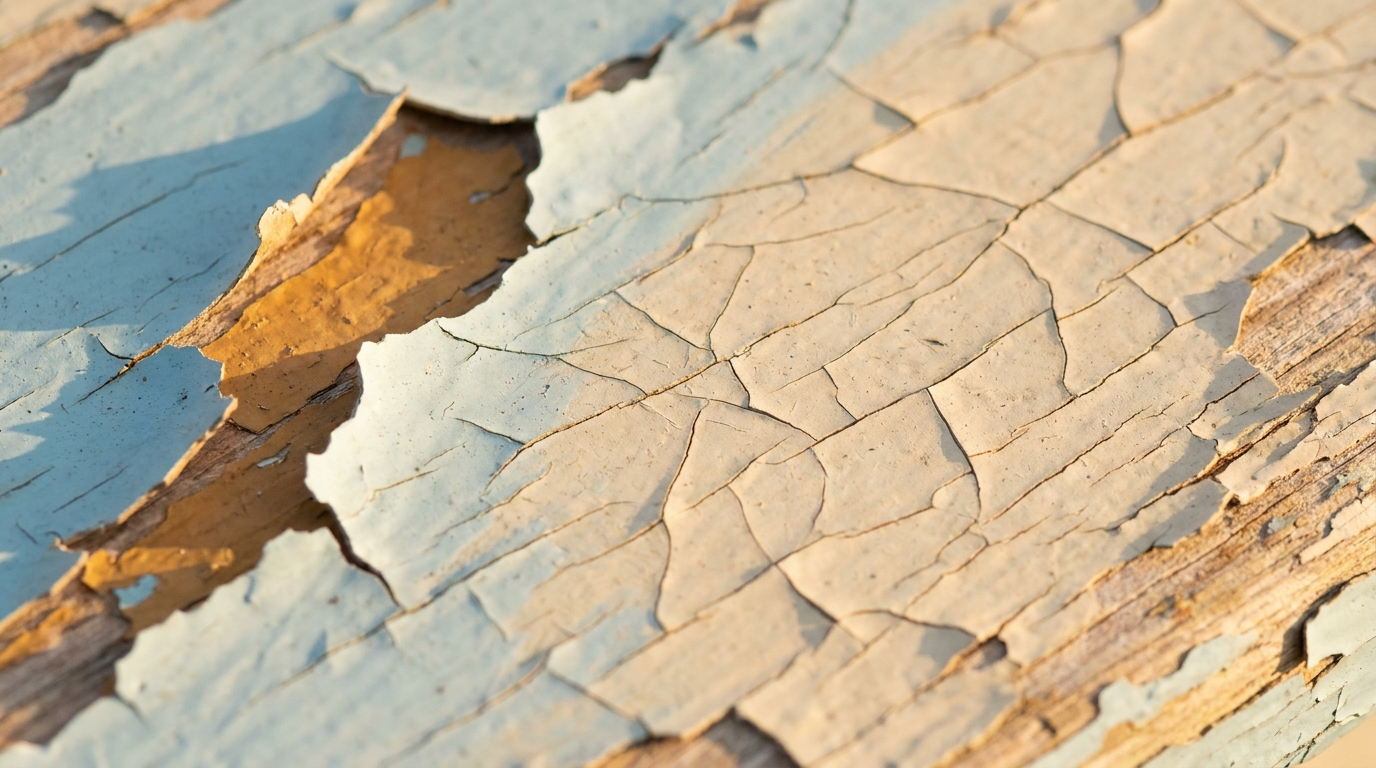 Close-up of pale blue and cream paint peeling and crazing on weathered wood, exposing bare timber underneath