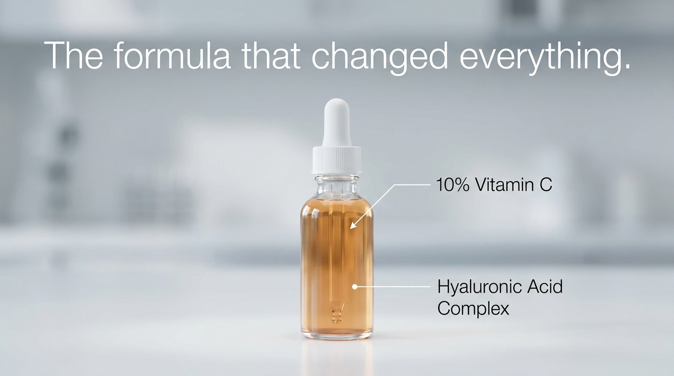 Serum bottle ad headlined 'The formula that changed everything.' with thin leader lines labelling '10% Vitamin C' and 'Hyaluronic Acid Complex'