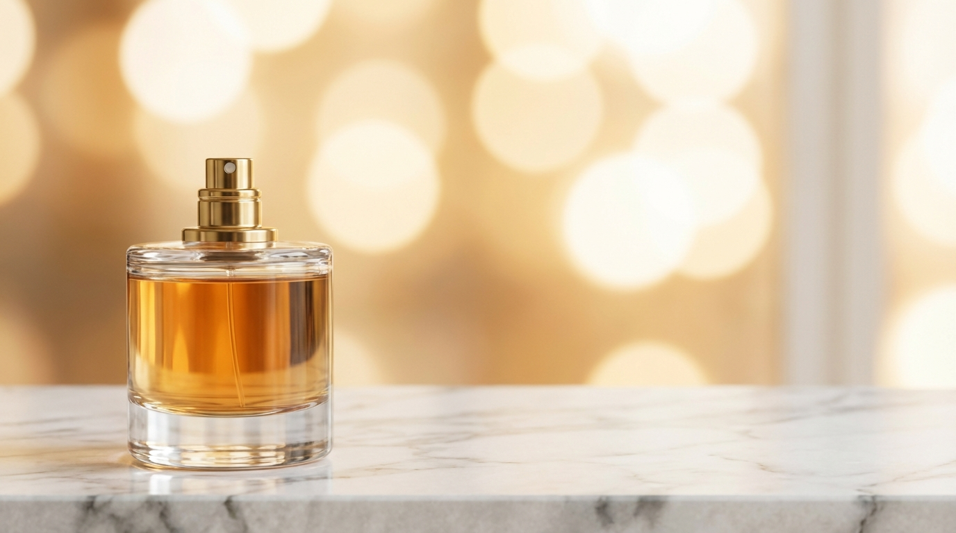 Amber perfume bottle sharp on a marble counter with background lights dissolved into soft golden bokeh circles