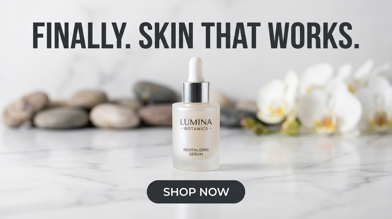 Serum ad headlined 'FINALLY. SKIN THAT WORKS.' with a dark pill-shaped 'SHOP NOW' button on a marble surface