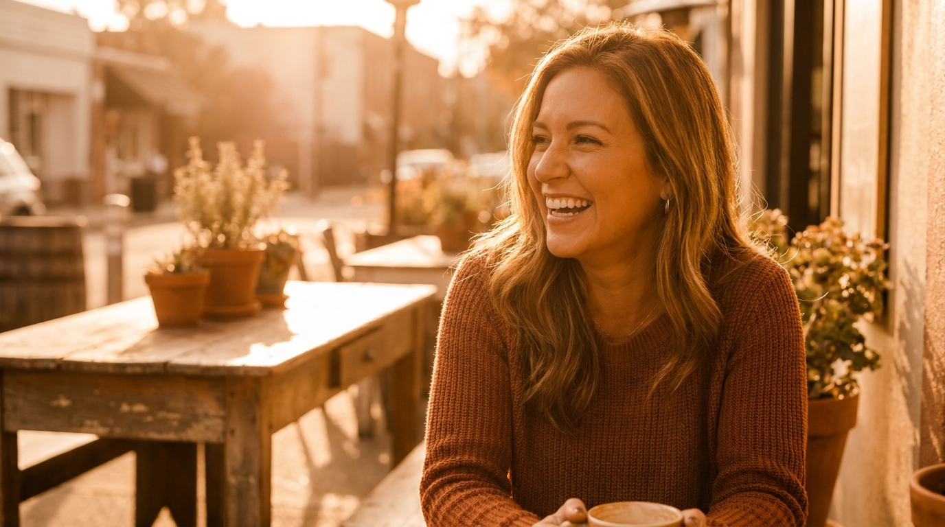 Woman laughing outside a cafe at sunset with amber skin tones, orange-brown shadows and a golden glow across the whole frame