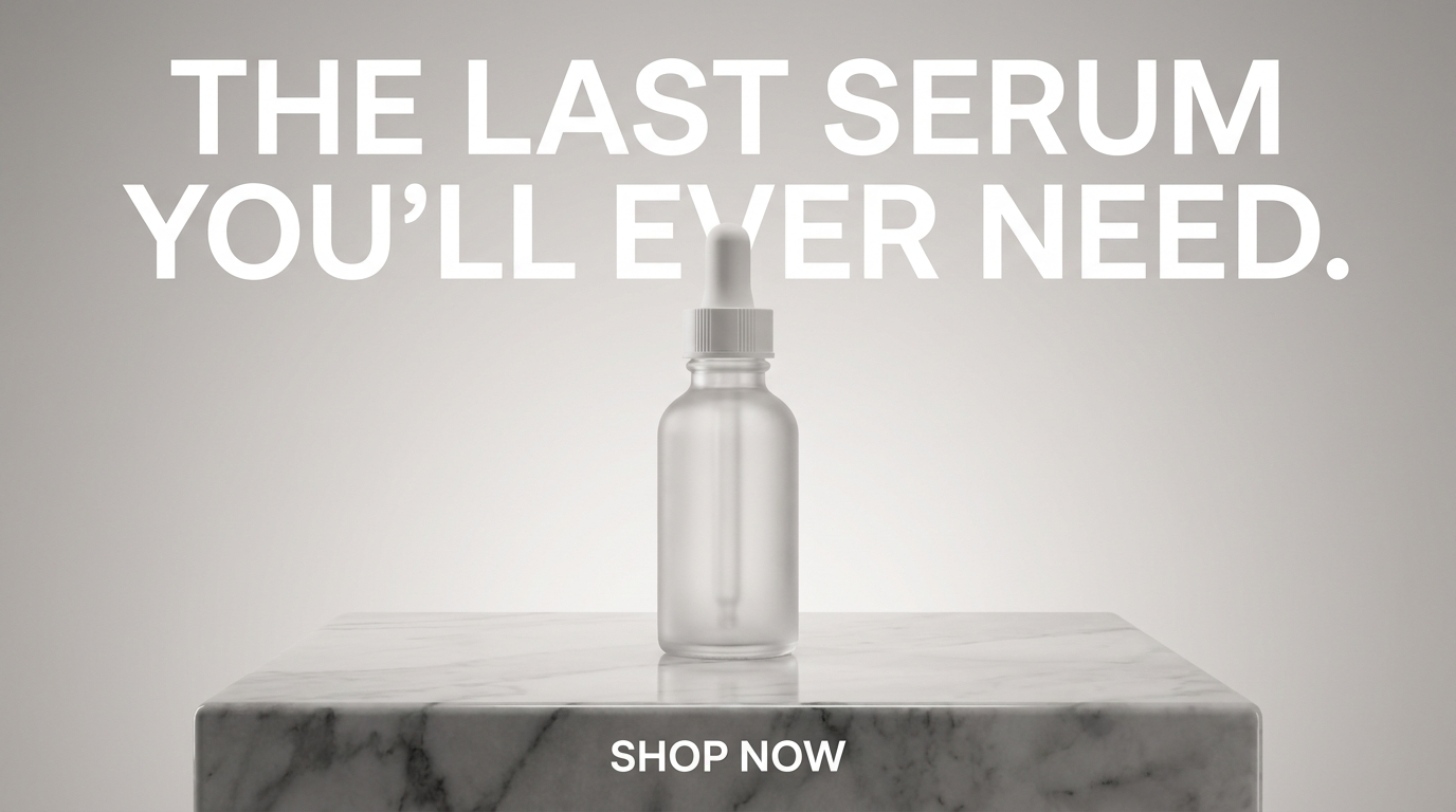 Minimal serum ad with 'THE LAST SERUM YOU'LL EVER NEED.' set across the upper third and a small 'SHOP NOW' at the bottom