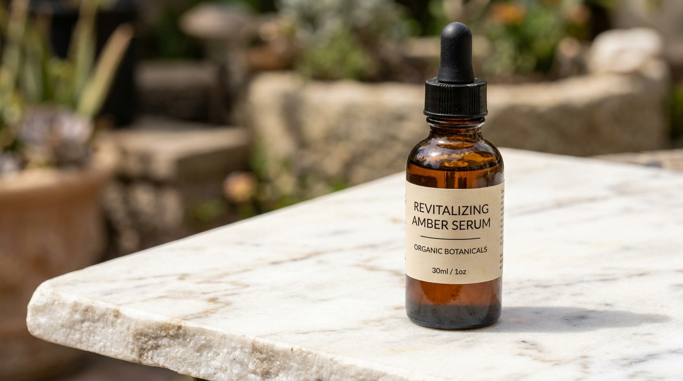 Dark amber serum bottle on white marble in a sun-drenched setting, the bottle holding full label detail while the background blows toward white