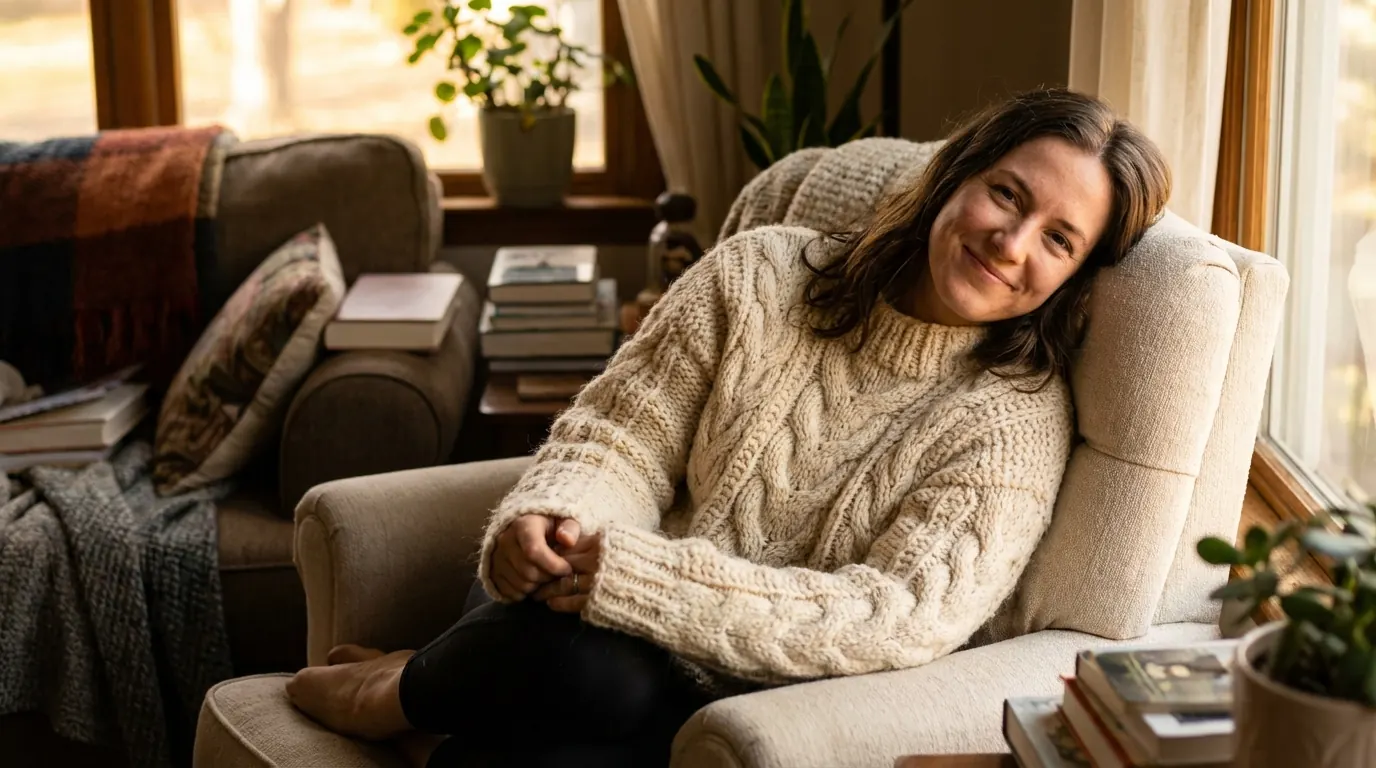 Woman in a cream cable-knit sweater in an armchair with shadows inside the knit channels