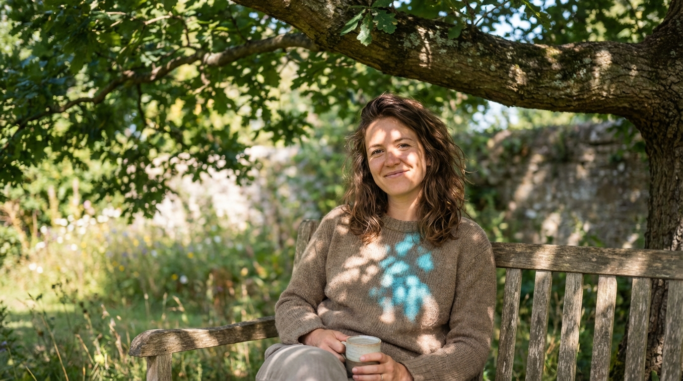Woman with a mug sitting on a garden bench under a tree with leaf-shaped light patches across her sweater