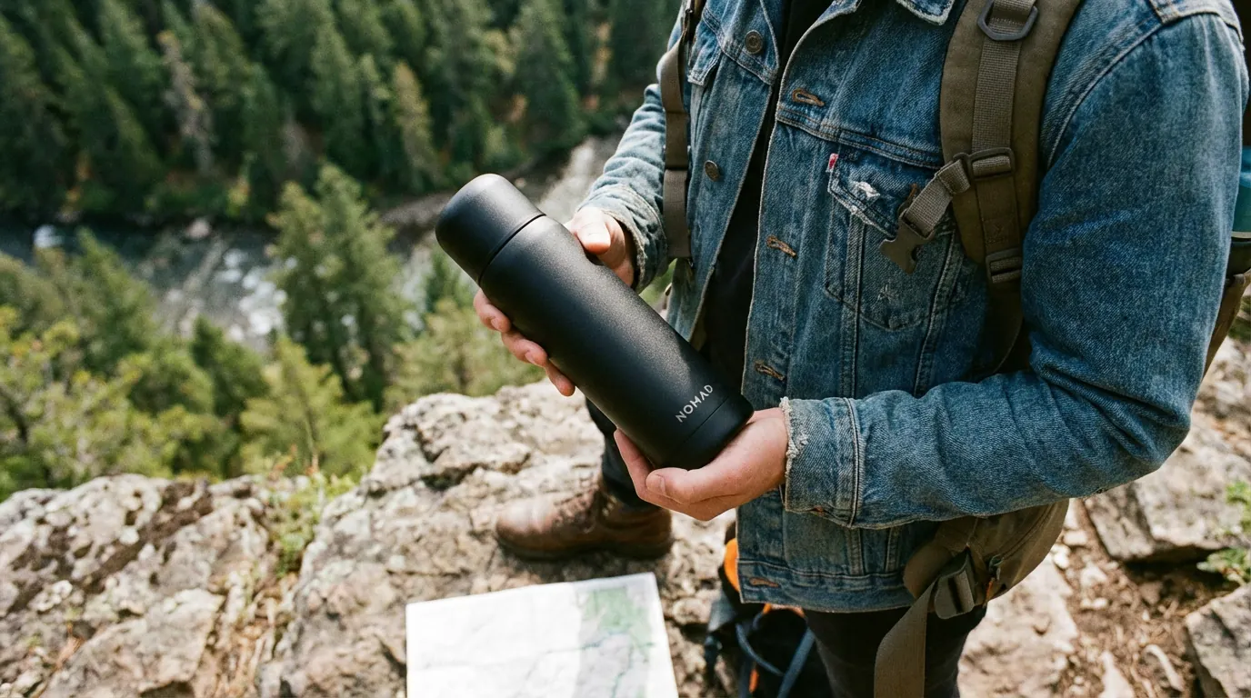 Looking down over a hiker's shoulder at a thermos held above a rocky overlook and forested river valley