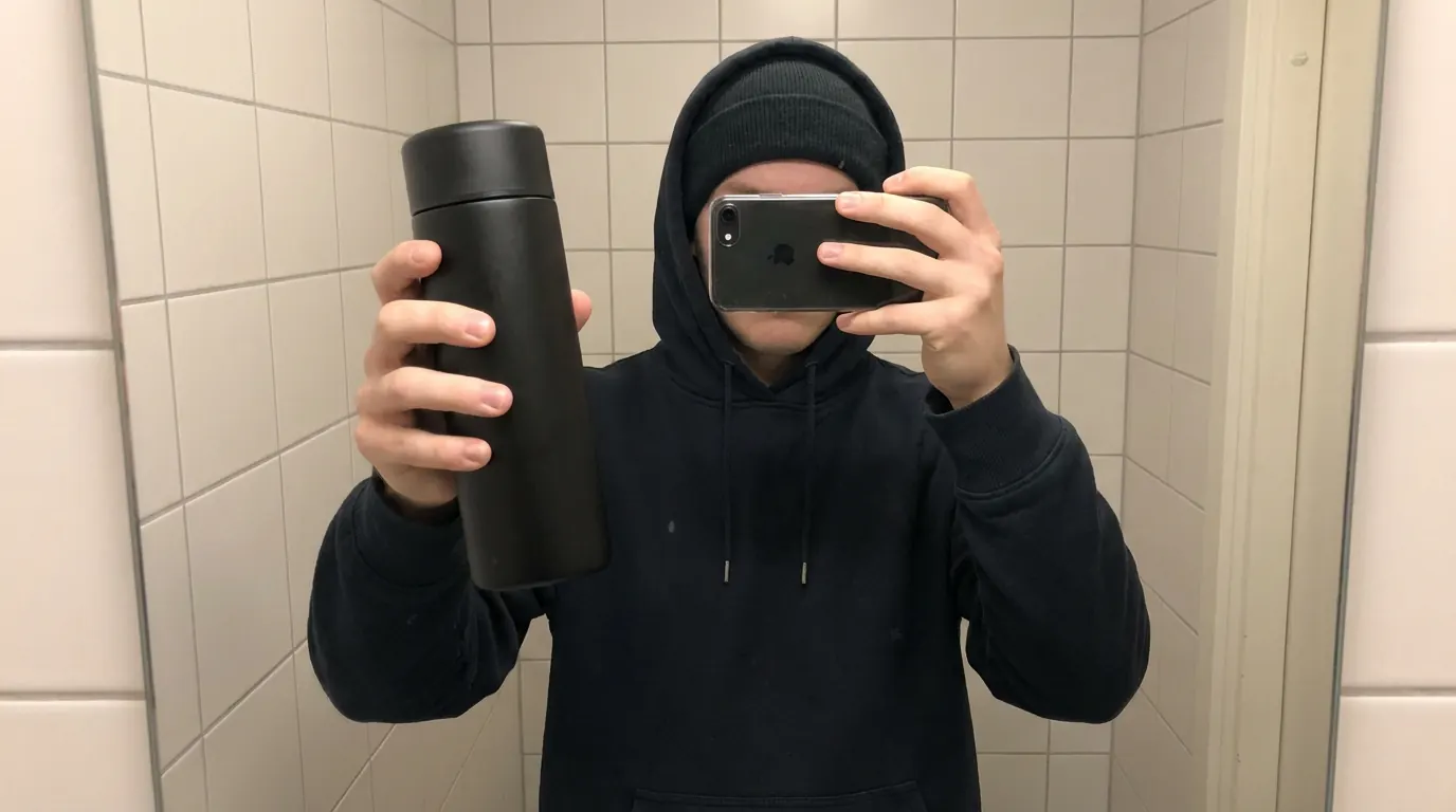 Mirror selfie of a person in a black hoodie and beanie holding a phone and a matte-black thermos in a tiled bathroom