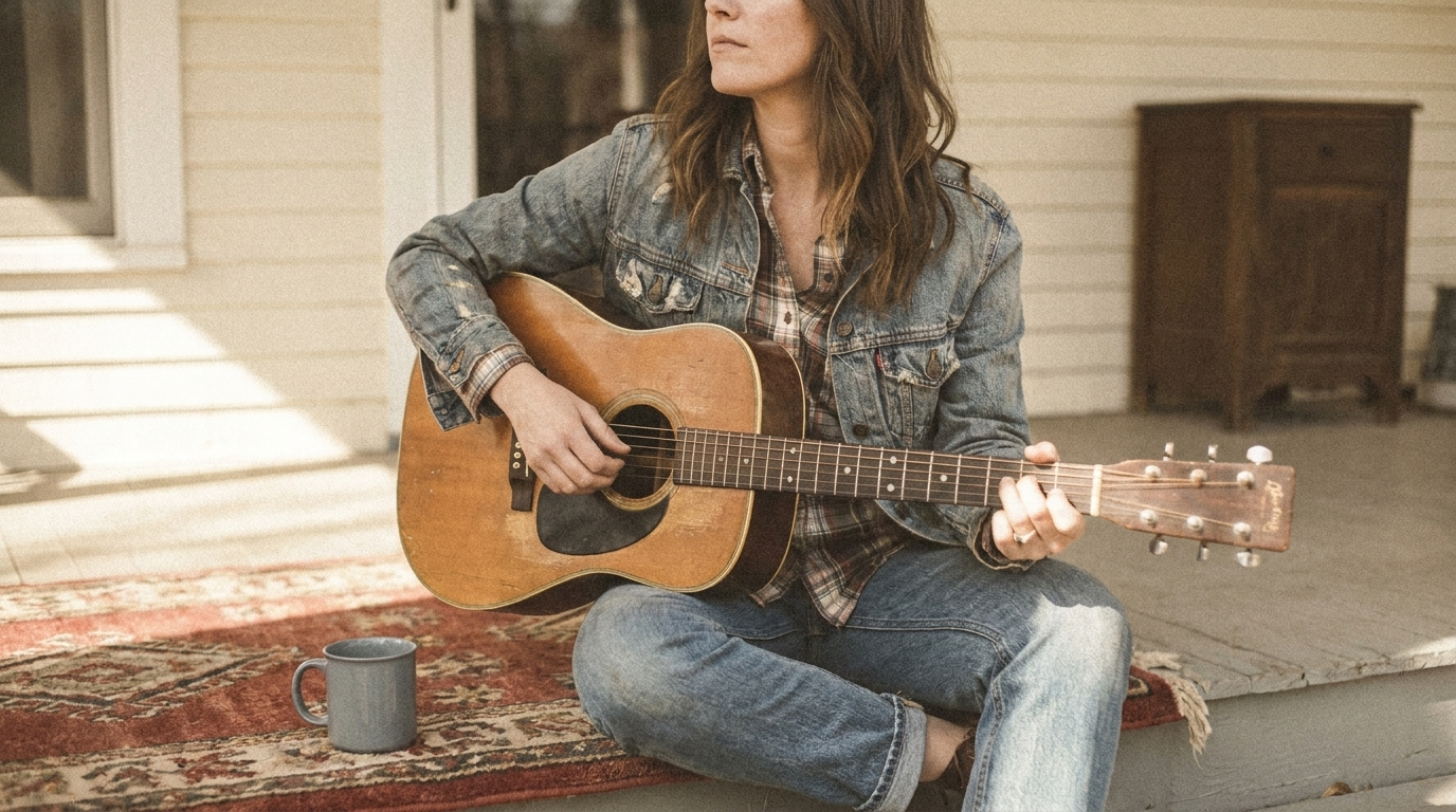 Woman playing an acoustic guitar on a porch, rendered in faded low-contrast color with cyan-shifted denim blues and warm receded reds
