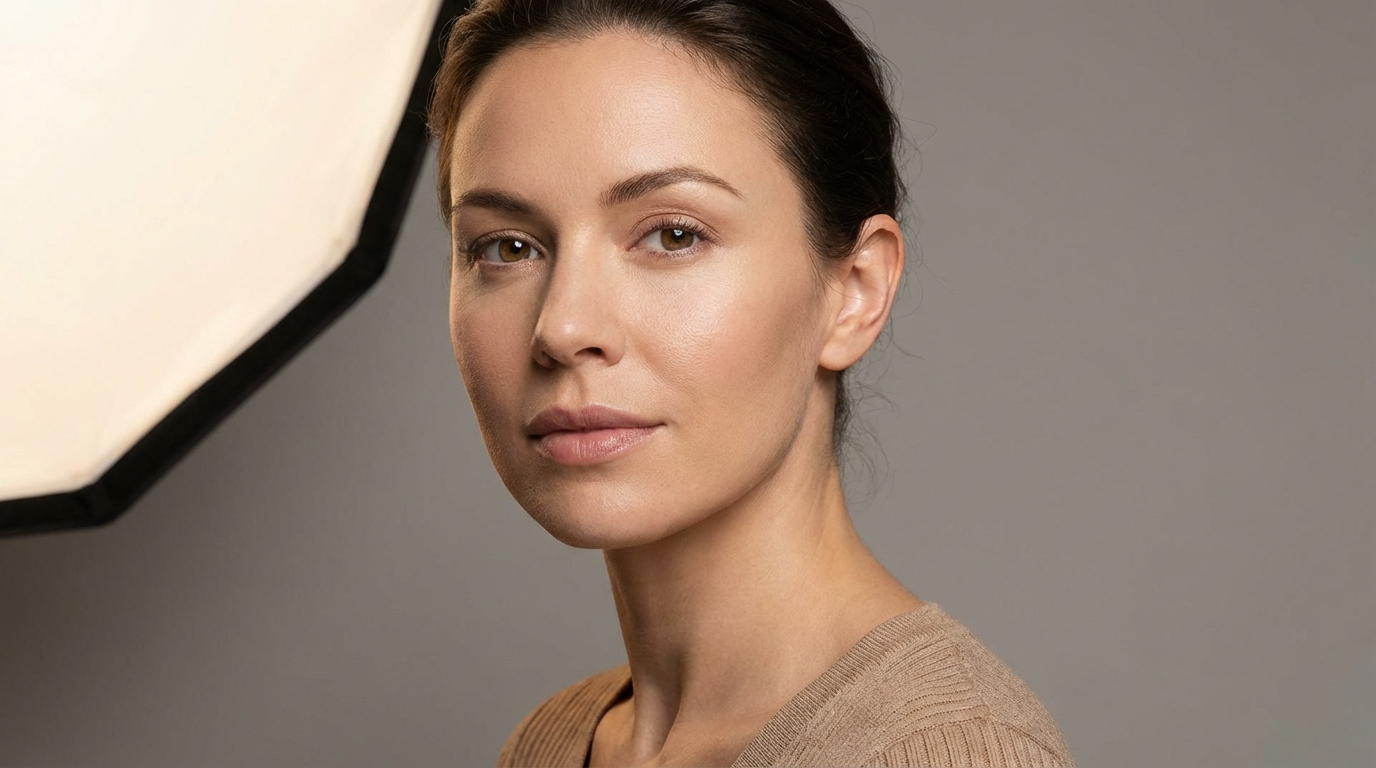 Woman lit by a large octagonal softbox at frame left, smooth shadow gradient across her face