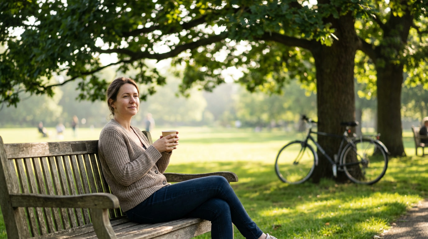Woman with a coffee cup sitting on a wooden park bench under a large tree in dappled morning light, bicycle nearby