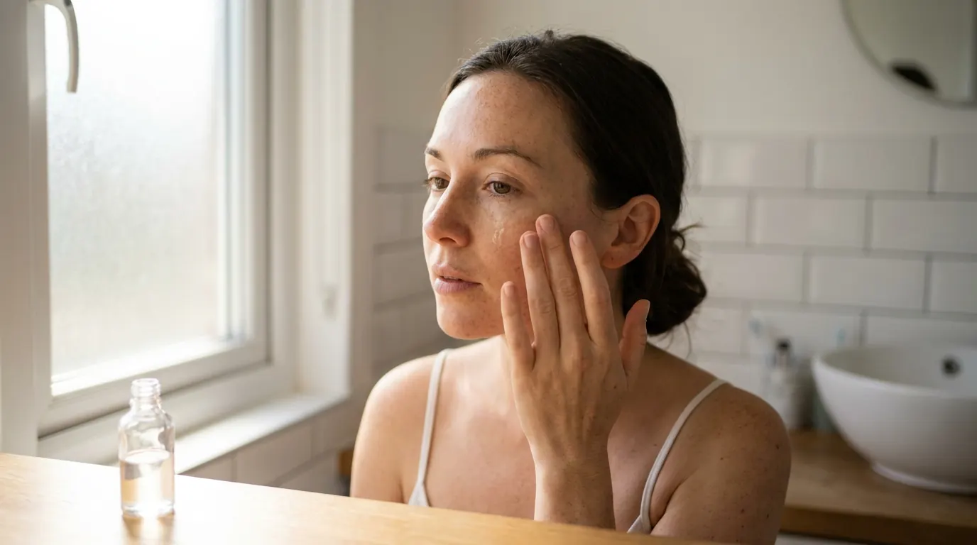 Woman applying serum in a bright bathroom with natural freckled skin and believable hand detail