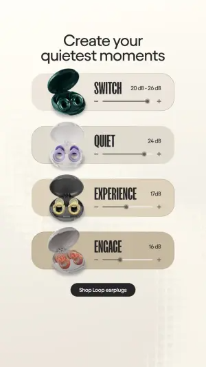 App-style ad with four pill-shaped slider rows, each showing an earplug case, a mode name and its decibel reduction