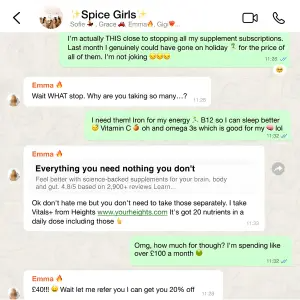 fake WhatsApp group chat ad where several friends agree on a supplement brand