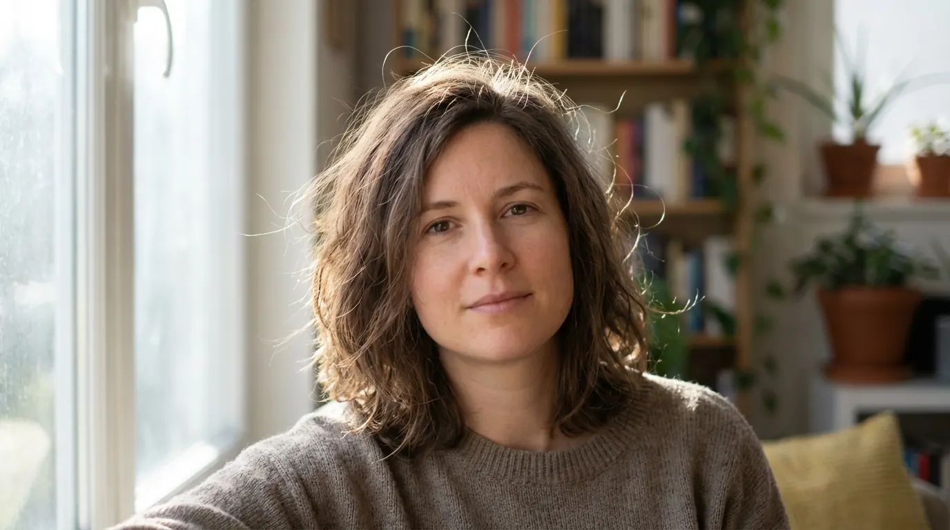 AI portrait with fine flyaway strands escaping the hair mass and catching window light