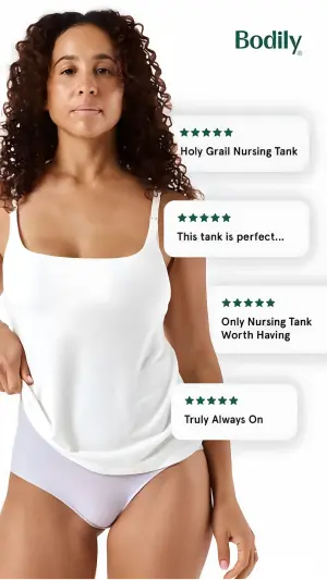 Testimonial ad with a stack of short five-star review snippets overlapping a model wearing a nursing tank