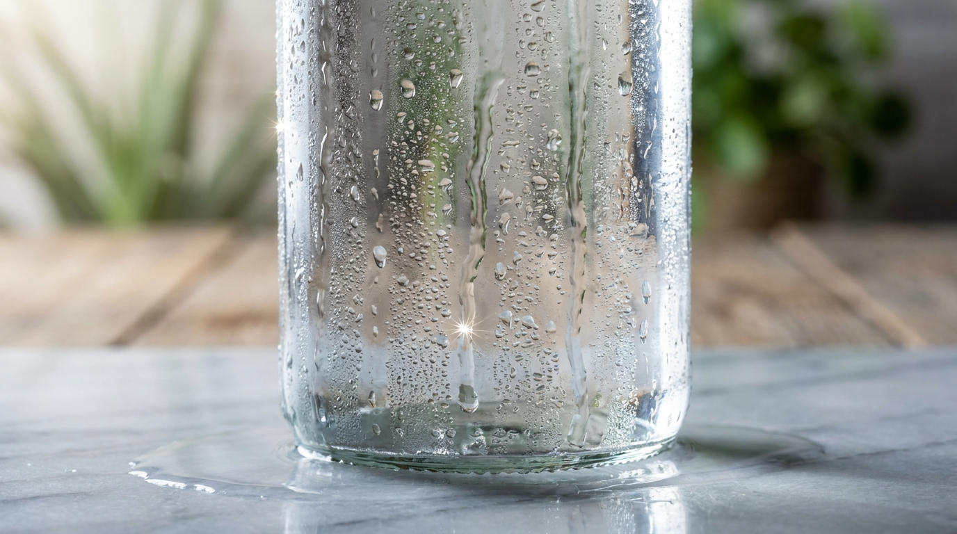 Cold glass bottle on marble covered in condensation droplets of varied sizes with runoff trails and a pool of water at the base