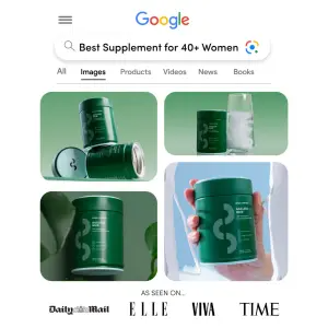 search bar ad mimicking a Google Images grid with as-seen-on media logos