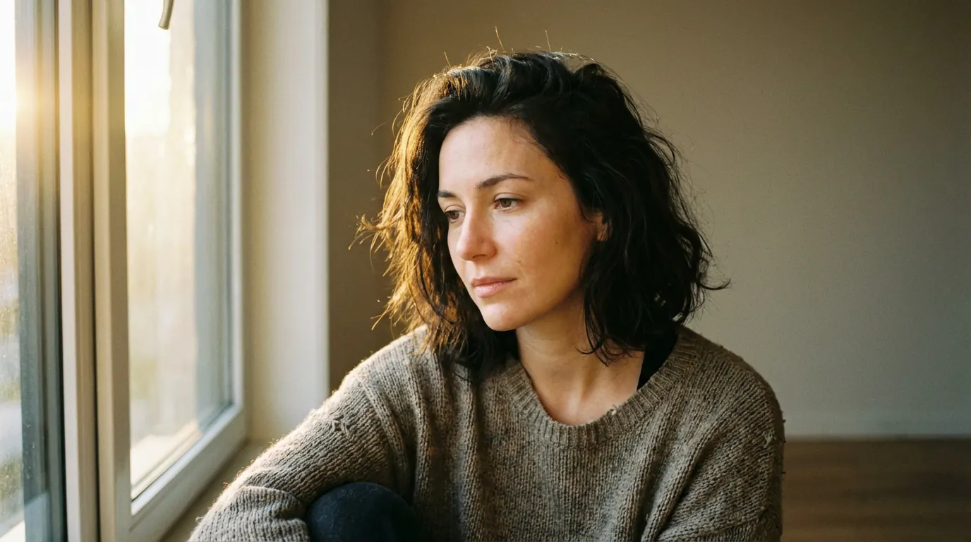 AI portrait of a woman by a window with a soft, thoughtful expression and unfocused gaze