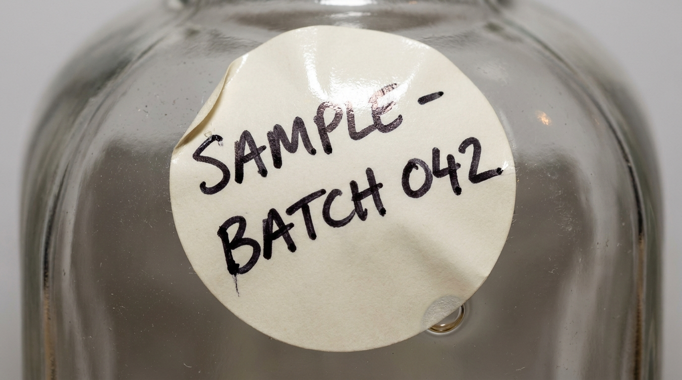 Glass jar with a round cream sticker hand-lettered 'SAMPLE - BATCH 042' in black marker, edge slightly lifting