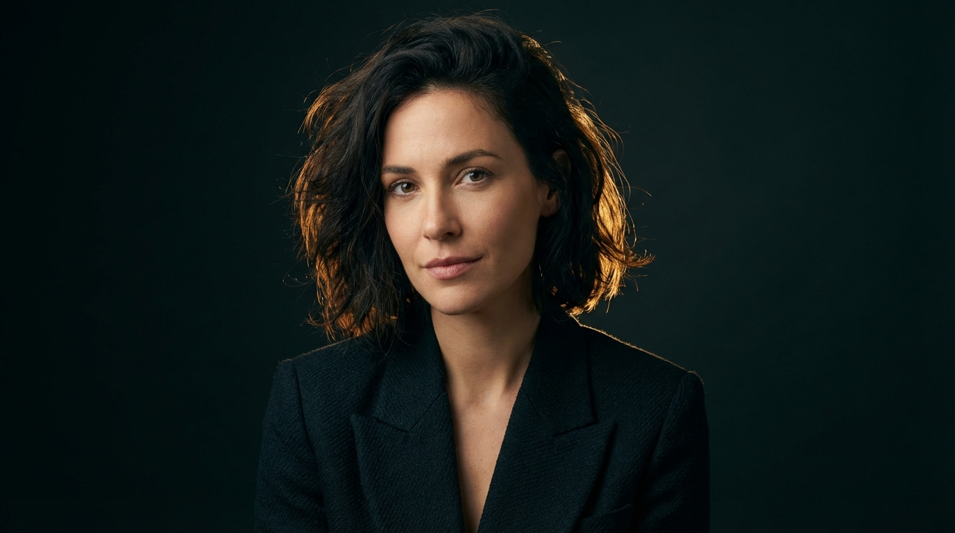 Portrait of a woman in a dark blazer against a dark background with a warm rim of light along her hair