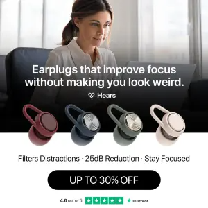 Split-screen ad with a woman working on a laptop above and a row of four colored earplugs with a discount button below