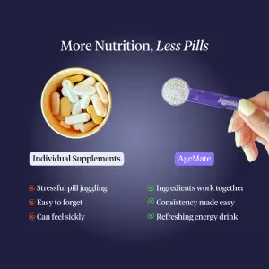 Supplement ad comparing a cup of pills with a single scoop of powder