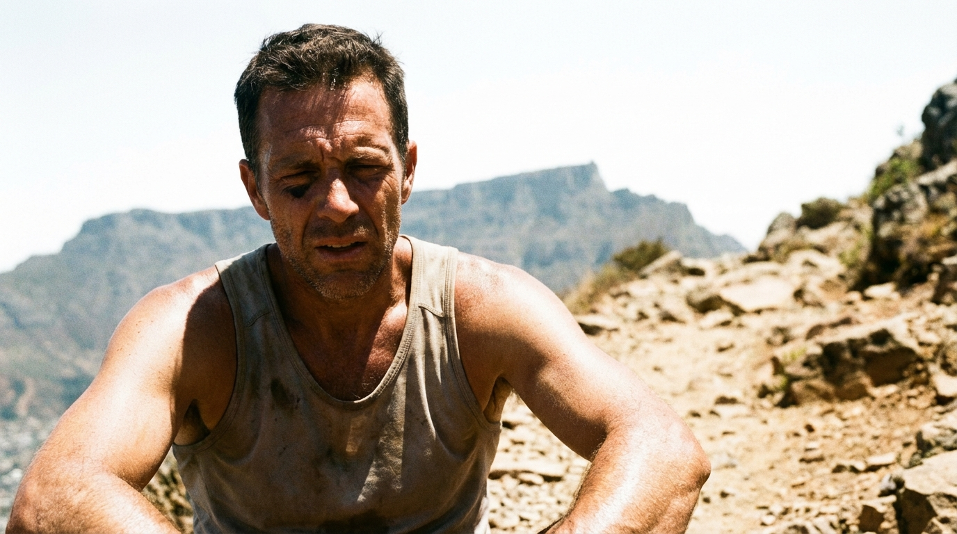 Man in a dirty tank top squinting on a rocky mountain trail under hard overhead noon sun