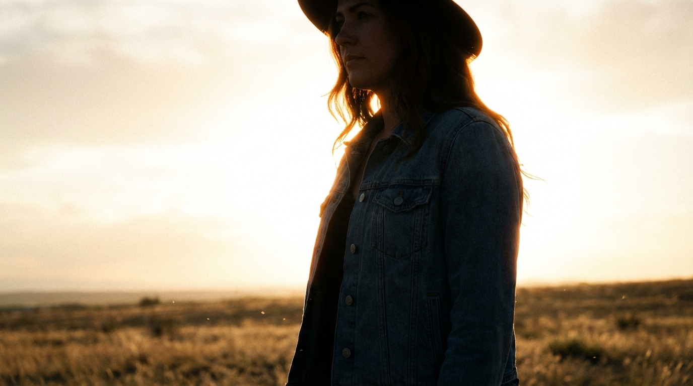 Silhouetted woman in a hat and denim jacket against a blown-out sunset sky with a thin glowing rim of light