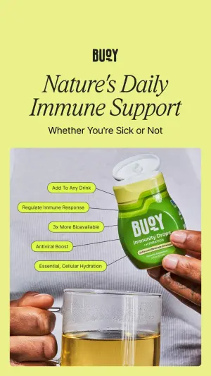 yellow-green ad with a hand squeezing a dropper into a glass and five green pill-shaped callouts stacked down the side
