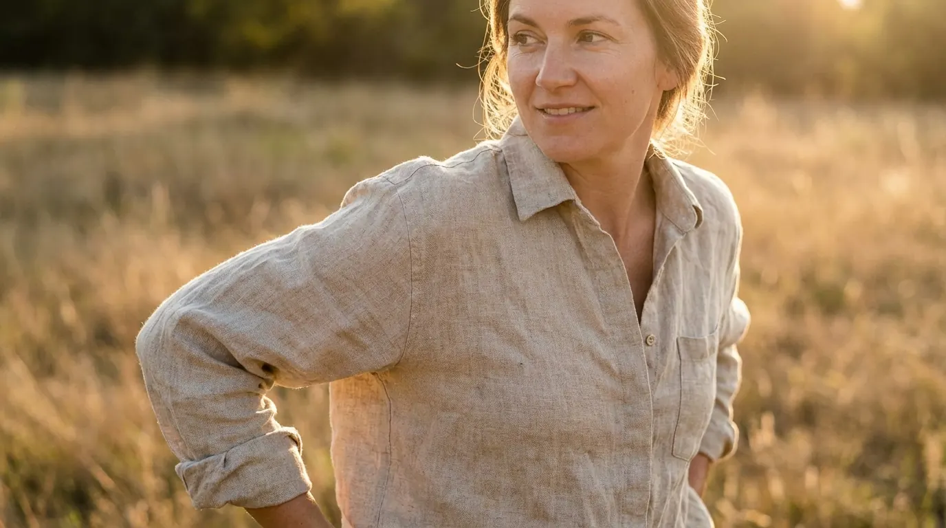 Woman in a slubby linen shirt at golden hour with deep angular creases at the sleeve