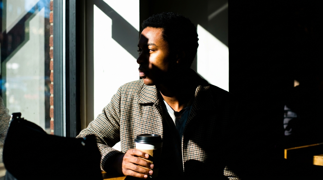 Man with a coffee cup by a cafe window in hard directional sun, bright highlights cutting against near-black shadow