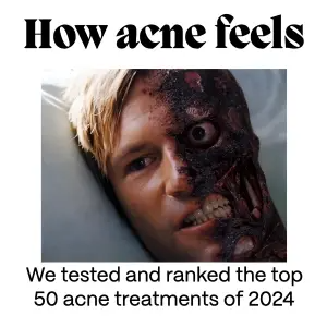 funny ugly ad in classic meme format with the headline how acne feels above a shocking cropped movie-style image