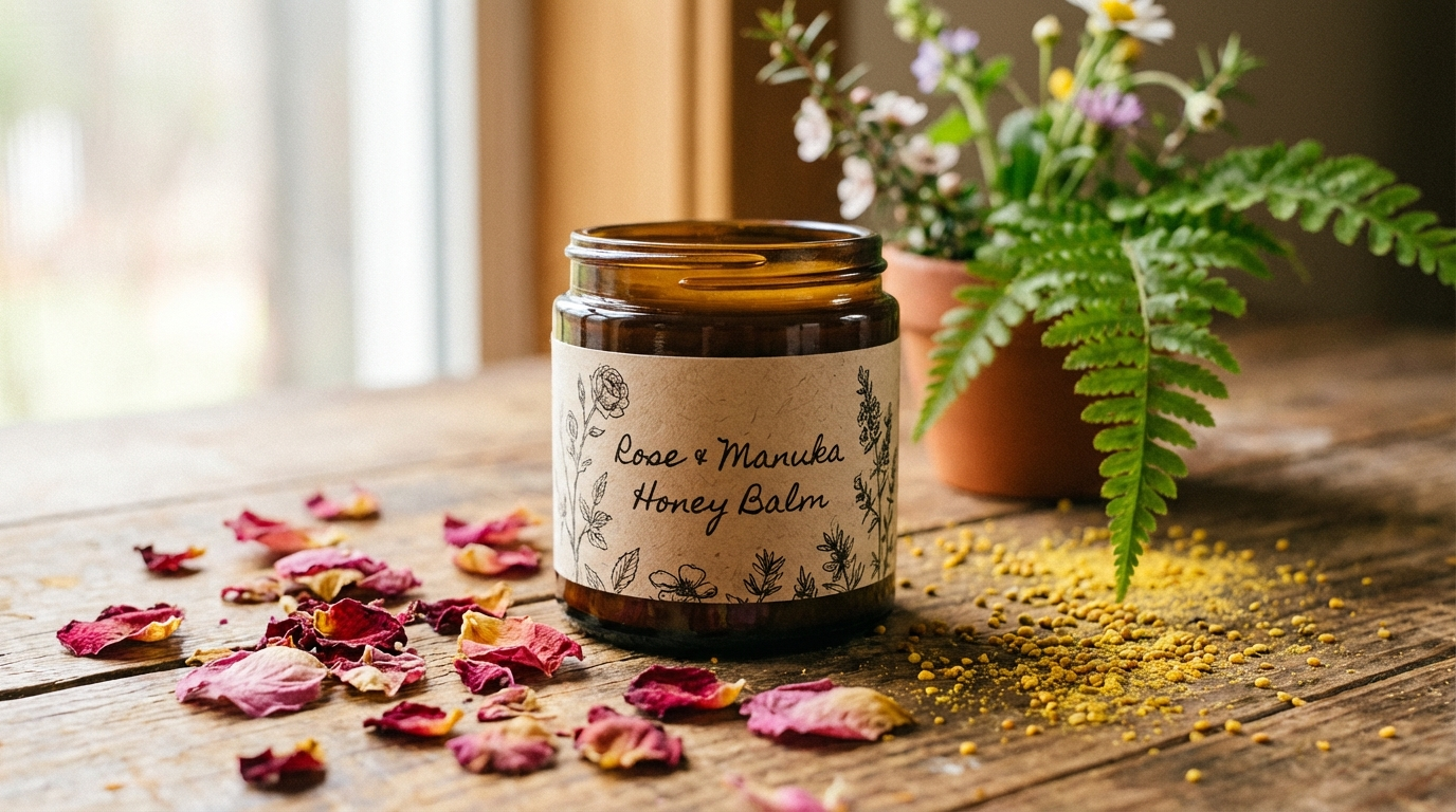 Amber balm jar on a wooden table with dried rose petals scattered around it and yellow pollen dust spilled beside a potted fern