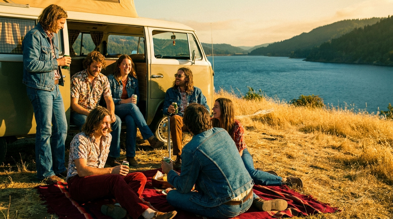 Group having a picnic by a lake beside a vintage van, rendered in saturated warm Kodachrome colors with deep blues and fine grain