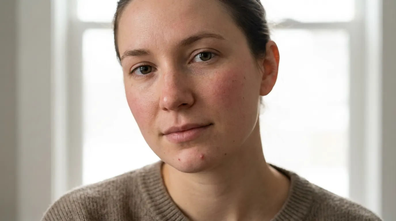 AI portrait combining pores, tone variation, freckles, redness, skin grain and small imperfections