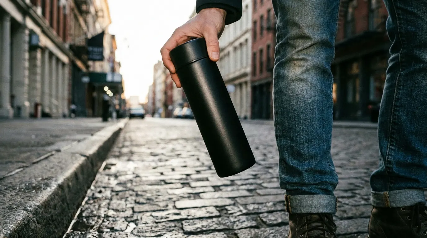 Camera resting on cobblestones as a person walks past holding a thermos, city street receding into the distance