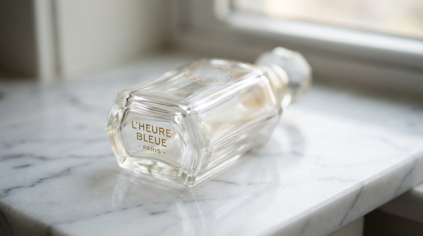 Clear glass perfume bottle lying on marble with its label razor sharp and the rest of the bottle already softening out of focus