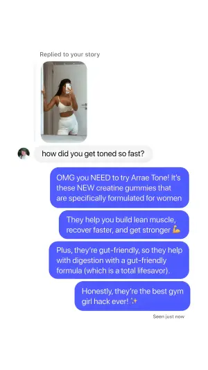 fake Instagram story reply ad where a creator answers a follower question about creatine gummies
