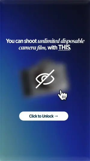 Curiosity gap ad using a slashed-eye icon and pixel cursor over a blurred disposable camera