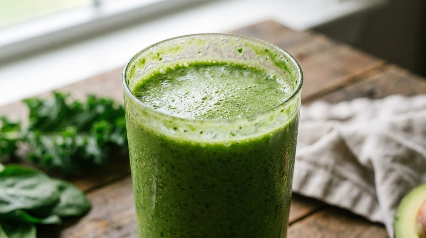 Opaque green smoothie in a glass with a fine foam layer on top and green flecks suspended in the liquid