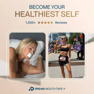 Testimonial ad pairing a five-star review with a before-and-after photo of a woman sleeping and finishing a marathon