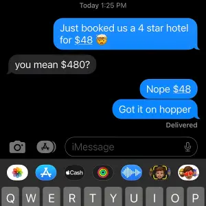 fake dark-mode iMessage ad where one friend tells another a hotel was booked for $48 on Hopper