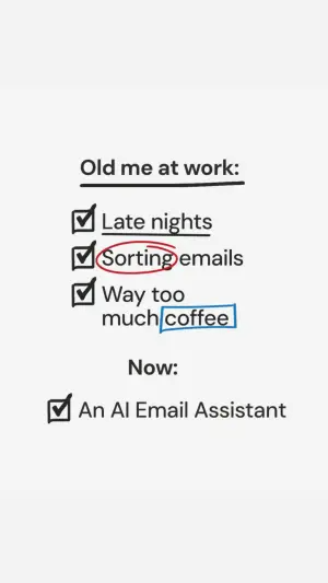 handwritten-style text-only ad with a checklist and analog red circle and blue box marker emphasis