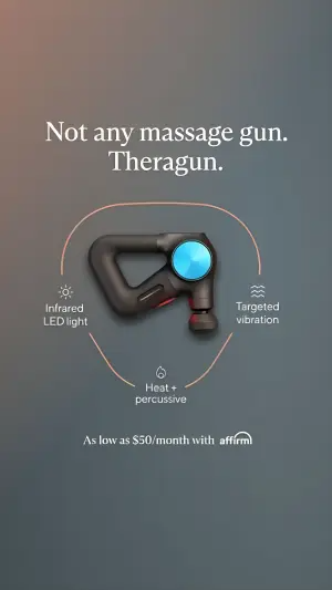 radial callout ad with a percussive massage device floating on a grey gradient, three feature spokes on a curved orange line