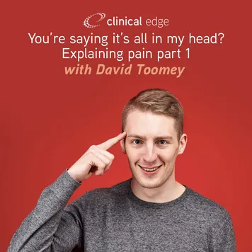 Smiling young man in a gray shirt pointing to his temple on a solid red background under the headline 'You're saying it's all in my head?'