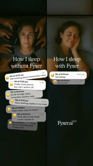 split-screen ad comparing a woman lying awake surrounded by phones with the same woman asleep, overlaid with notification bubbles