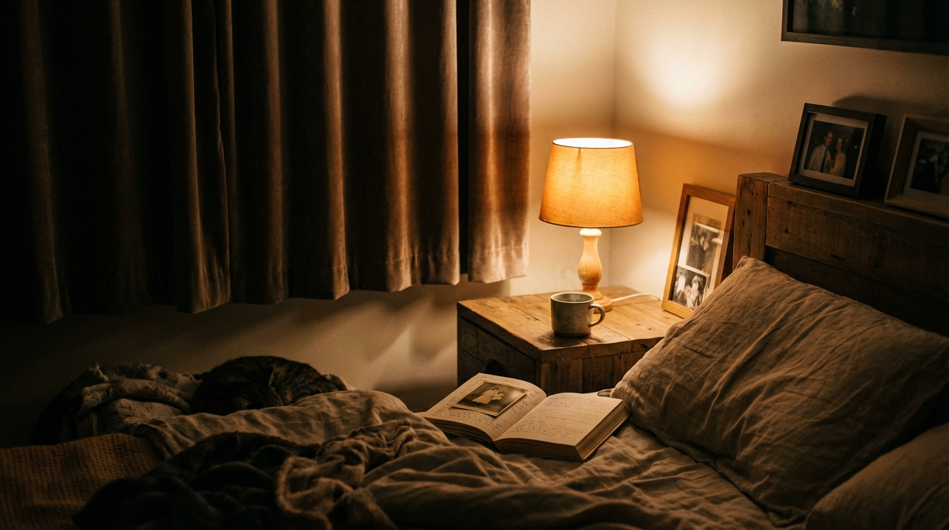 Dim bedroom lit by a single bedside lamp with drawn curtains, an open book on the bed and a mug of tea on the nightstand