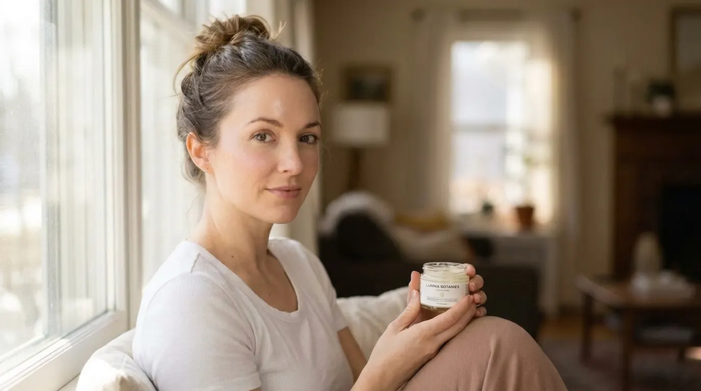 AI image of a woman holding a skincare jar with slightly over-smoothed skin and illegible fake label text