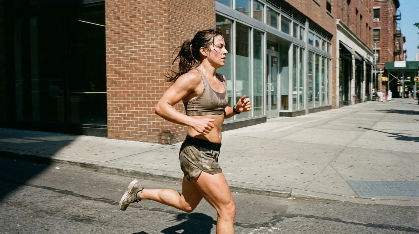 Athletic woman running mid-stride along a sunlit city street with hard midday shadows