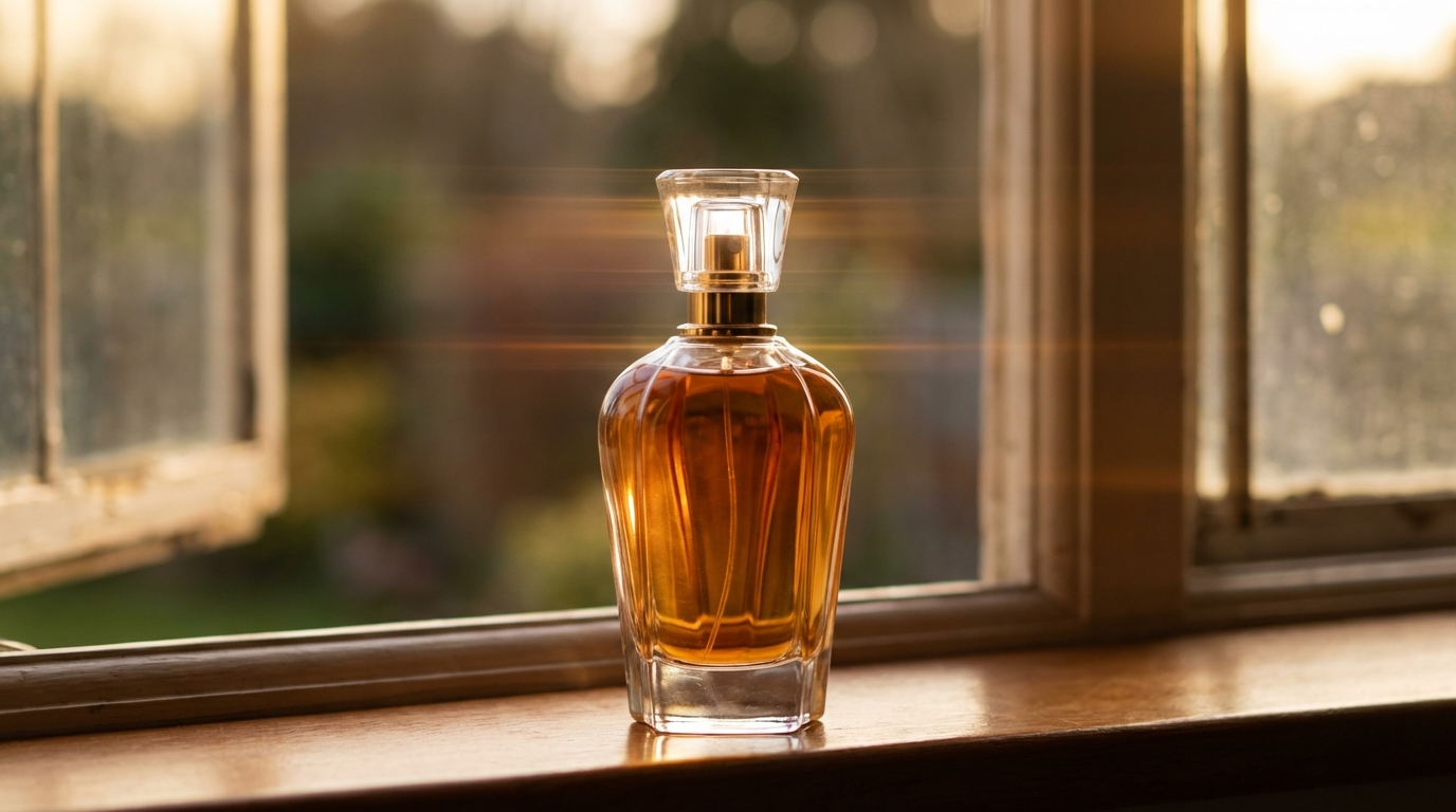Amber perfume bottle on a wooden windowsill at golden hour with a warm horizontal light streak across the frame